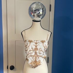AKIRA White and Gold Baroque Satin Crop Top